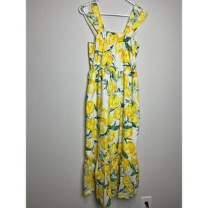 NAOO Dress Womens M Yellow Lemon Print Square Neck Maxi Sundress Cotton Smocked